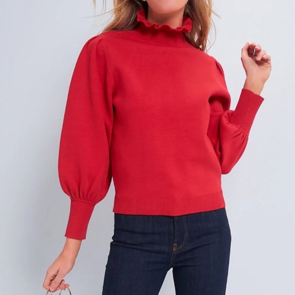 Ruffled Mock Neck Puff-Sleeve Sweater - Red